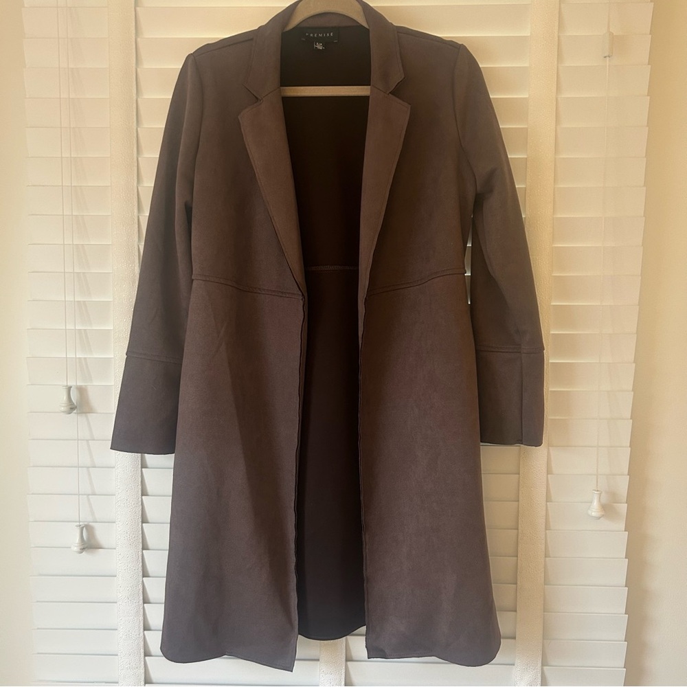 Premise Brown Long Coat Suede Faux Leather Raw Hem Small